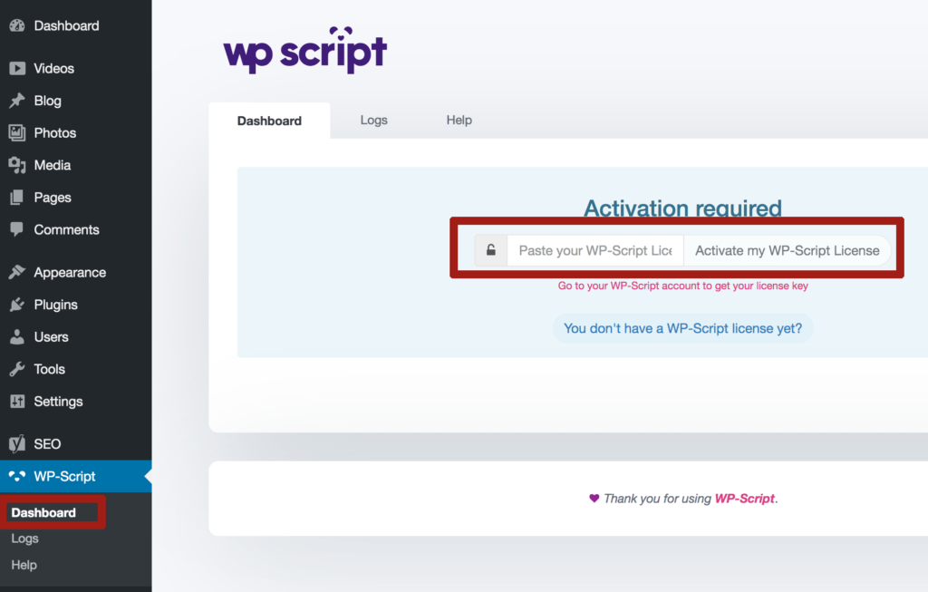 wp script activation key free